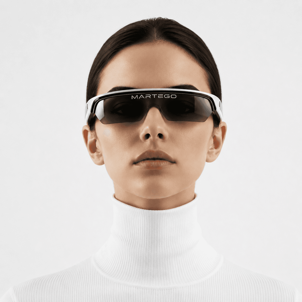 Woman wearing futuristic Martego eyewear on a white background
